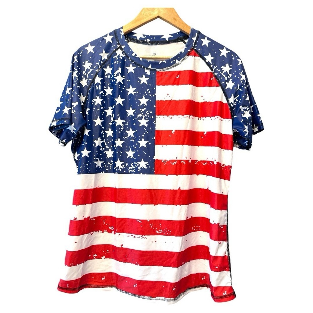 BesserBay Sports‎ Mens 2XL American Flag Rash Guard UPF 50 Swim Shirt Distressed